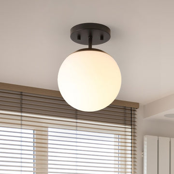 Marcel Bistro 7.75" Bohemian Farmhouse Iron/Frosted Glass LED Semi Flush Mount - JONATHAN Y